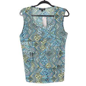 Notations Sleeveless Blouse L Womens New Ruffle Layers Geometric Blue Green